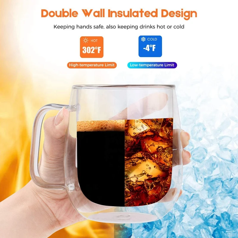 Promotion! Double Wall Gl Coffee Mugs Tea Cups Set of 2 Thermal Insulated and No Condensation with Wide Handle (300ML) | Дом и сад
