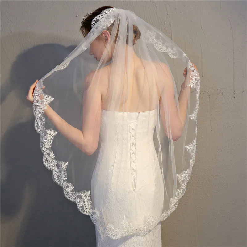 

Short Appliques Wedding Veils With Comb Lace Edge Wedding Accessories Ivory White Velos De Novia Voile Mariage Casamento Slub