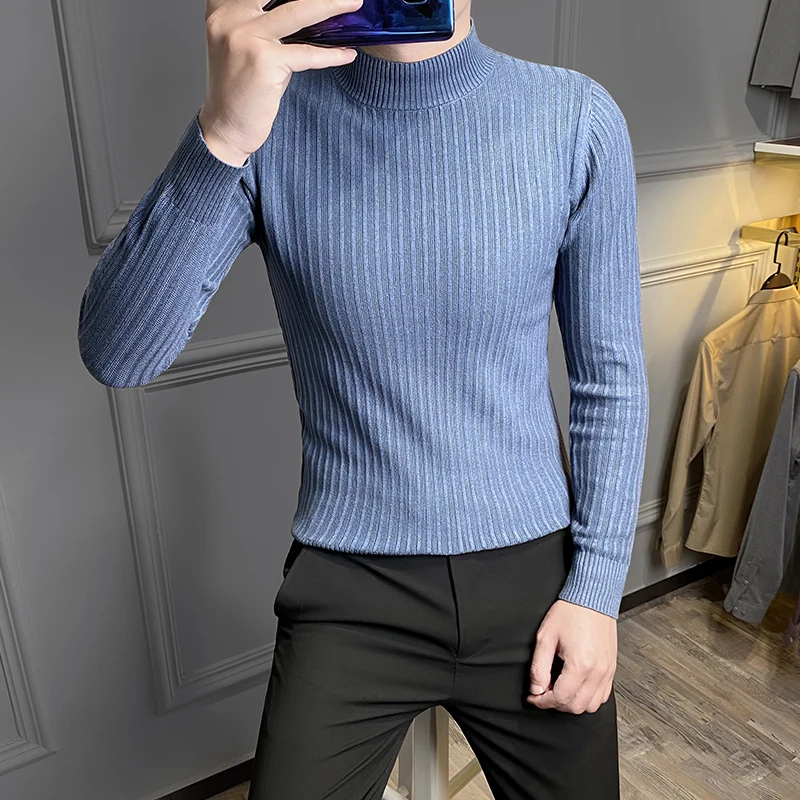 

2021 Brand clothing Men of high-grade Casual knit sweater/Male slim fit turtleneck pure color knit shirts Black white green