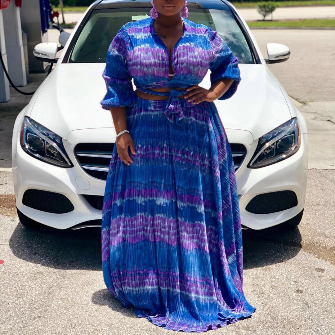 

2021 New African Women 4xl Big Size Long Skirt Sets Blue Full Sleeve V Neck Blouse & Skirts Outfits 2 Pieces Matching Sets Hot