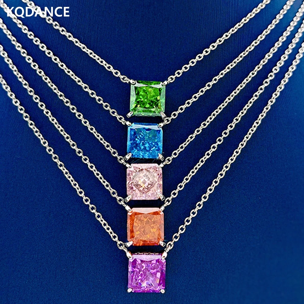 

KQDANCE 925 Sterling Silver with 2Ct Simulated emerald citrine moissanite Diamonds blue/orange stones pendants Necklaces