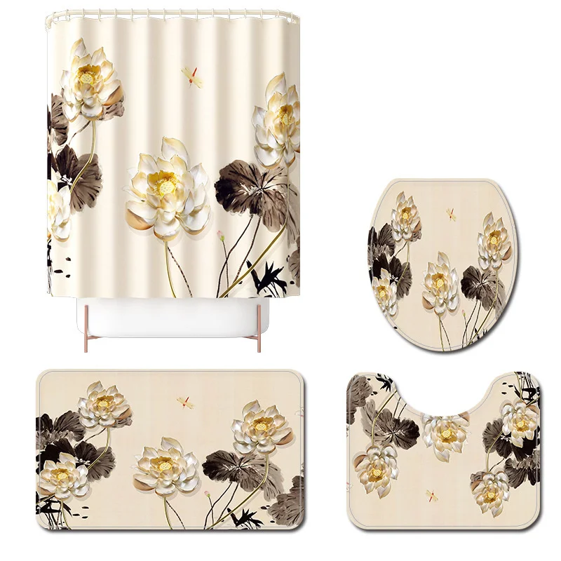 

Floral Bathroom Carpet Bath Mat with Shower Curtain Set Flannel Toilet Seat Cover Mat Water Absorbing Bath Carpet Bathroom Rugs