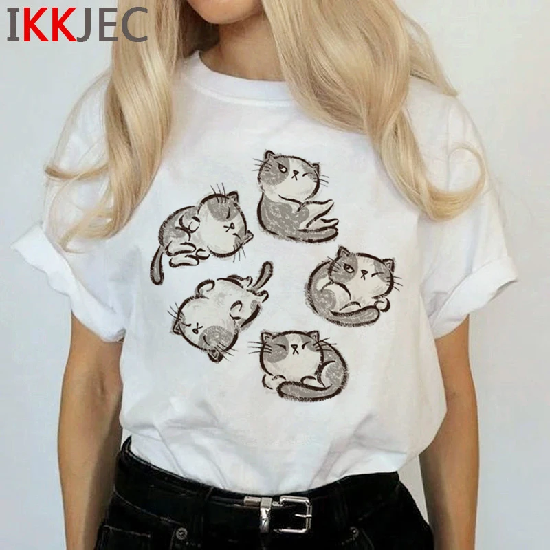 Забавная женская футболка с рисунком кота Харадзюку, Ullzang Grunge, Милая футболка, модные Графические футболки, корейский стиль, женские футболки - Цвет: 1429
