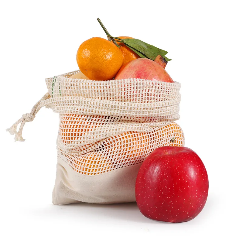 

3 Pics Eco-friendly Supermarket Shopping Cotton Spliced Mesh Bag, Drawstring Drawstring Fruit Mesh Bag