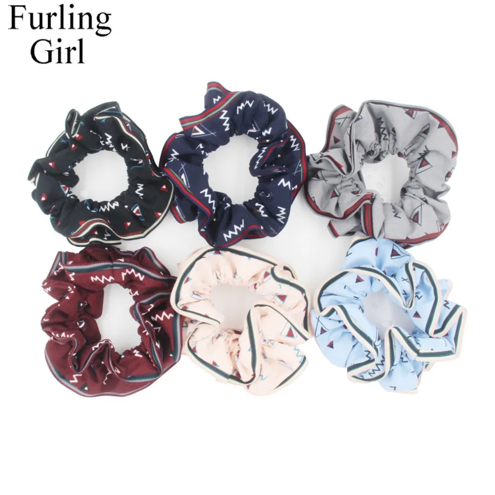 Furling Girl 1pc Geometric Pattern Cotton Hair Scrunchies with Striped Trim Women Ponytail Holder | Scrunchie