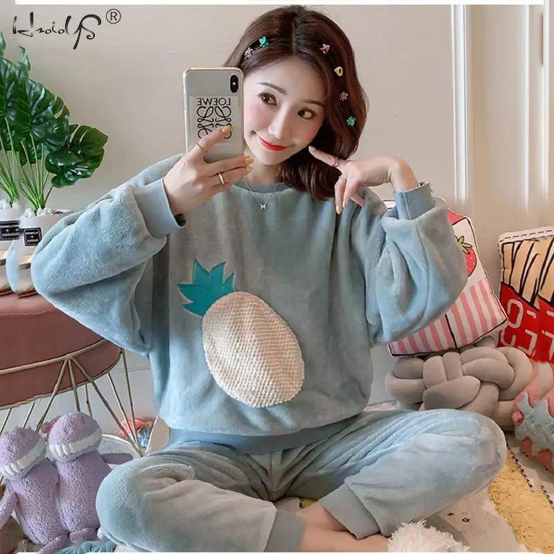 Winter Pajamas Set Women Sleepwear Warm Flannel Long Sleeves Pink Cute Animal Homewear Thick Home Suit Cartoon Pyjamas | Женская одежда
