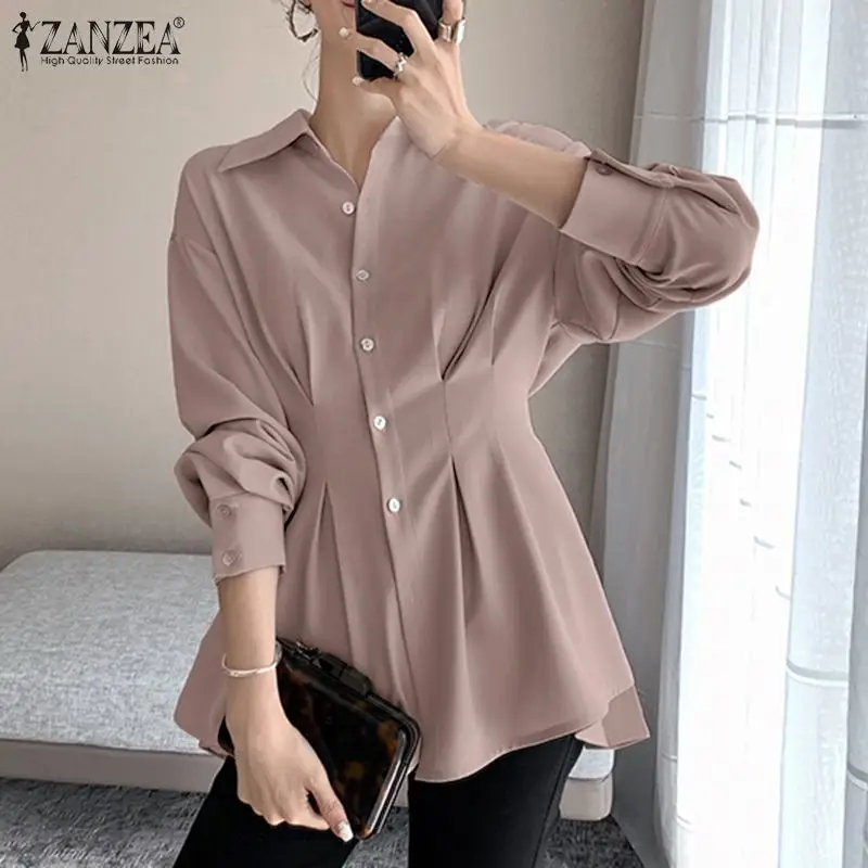 

ZANZEA Elegant Pleated Skinny Tops Autumn Office Lady White Blusas Casual Lapel Chemise Chic Shirts Fashion Women's Solid Blouse
