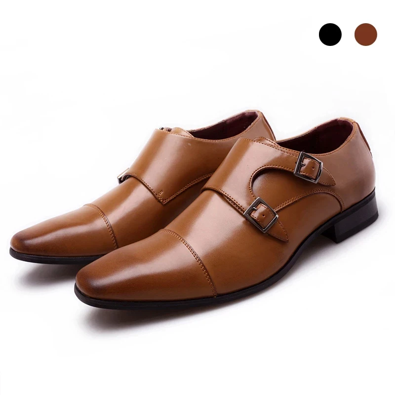 

Double Monk Style Bridegroom Dress Formal Office Best Men Shoes Black Genuine Original Business Designer Shoes