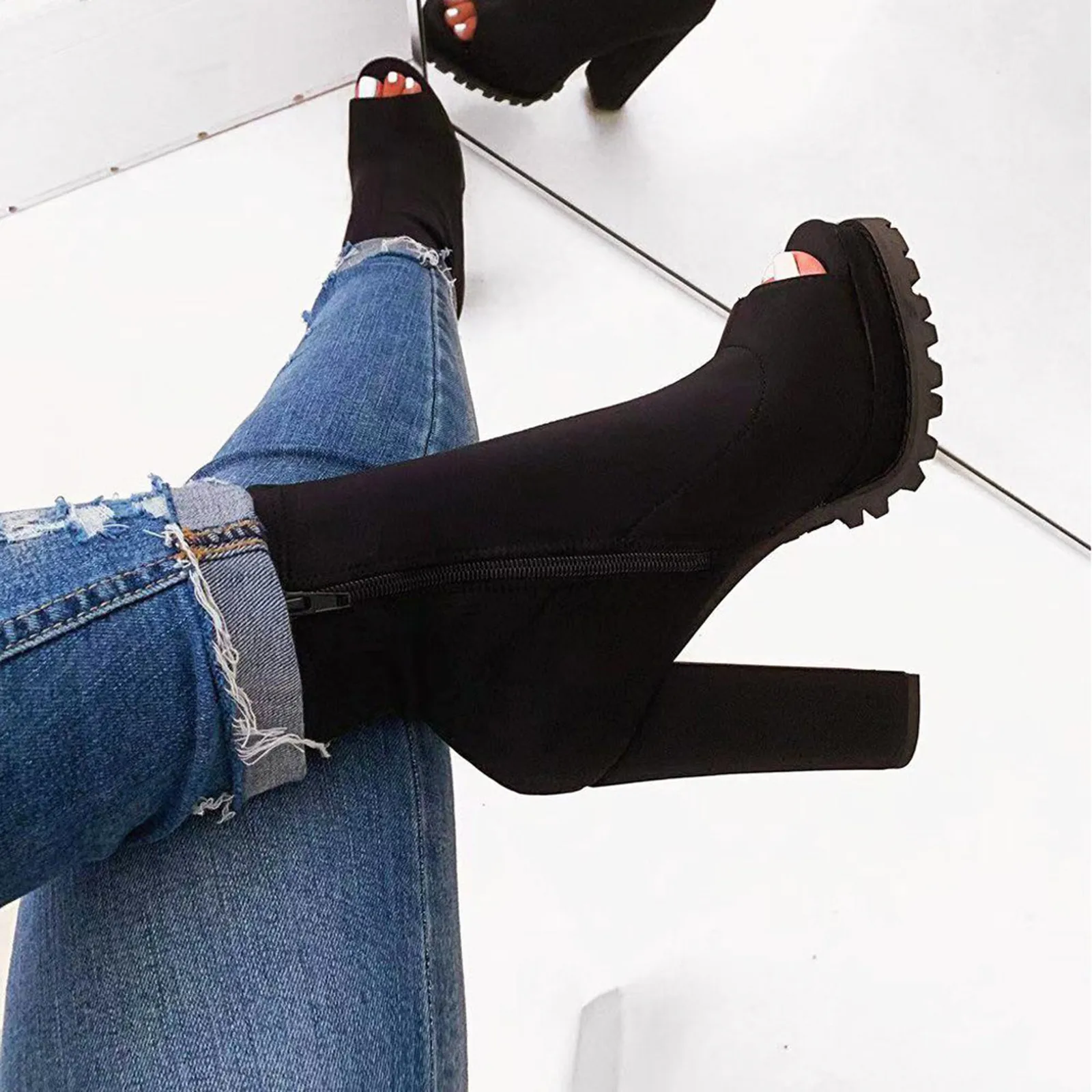 Women Ladies Thick High Heel Peep Toe Boots Zipper Ankle Single Shoes Fashion Casual Temperament Fast Free Shipping | Обувь