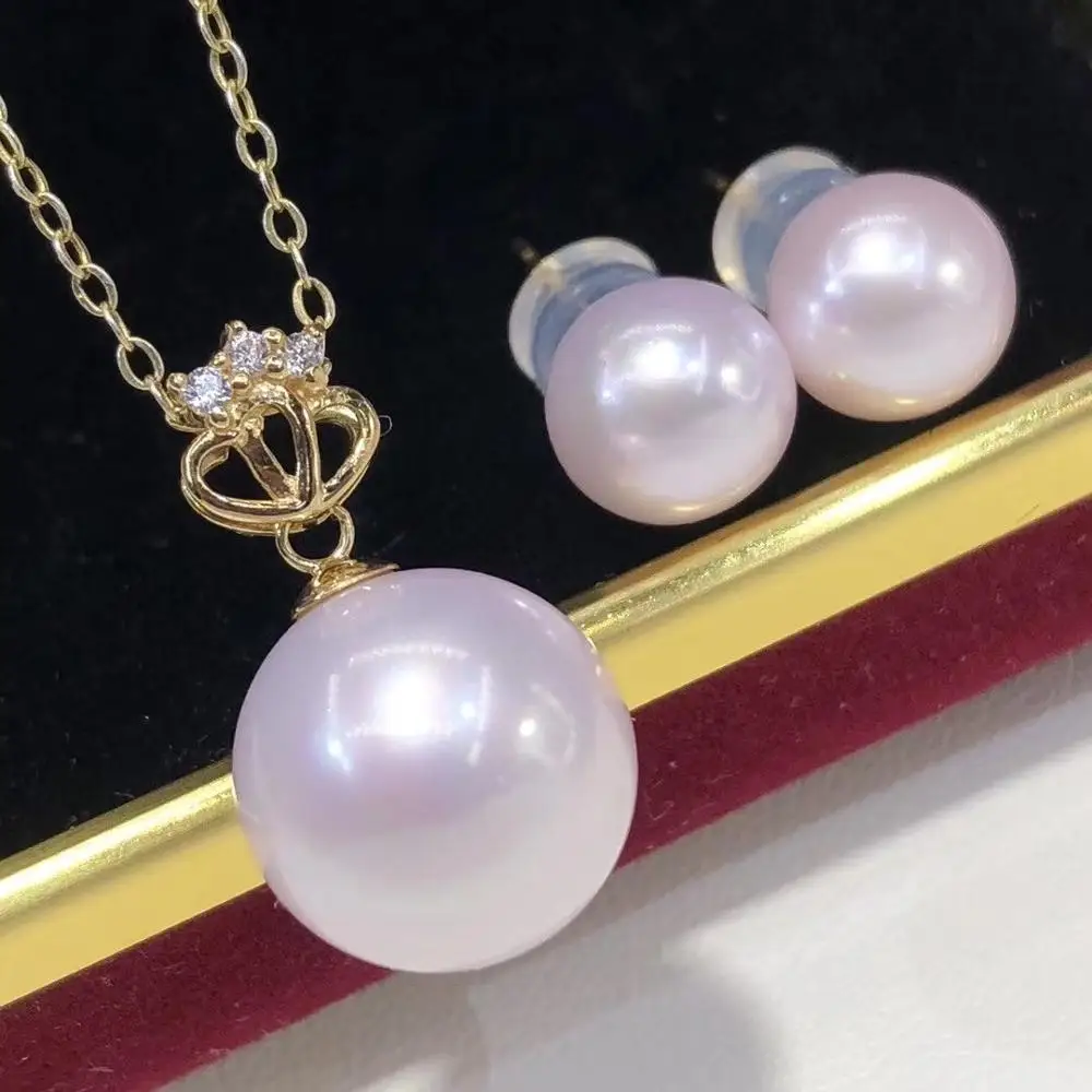 

D527 Pearl Set Fine Jewelry Solid 18K Gold Rond 8-12mm Nature Fresh Water Sakura Pink Pearls Jewelry Sets for Women Presents