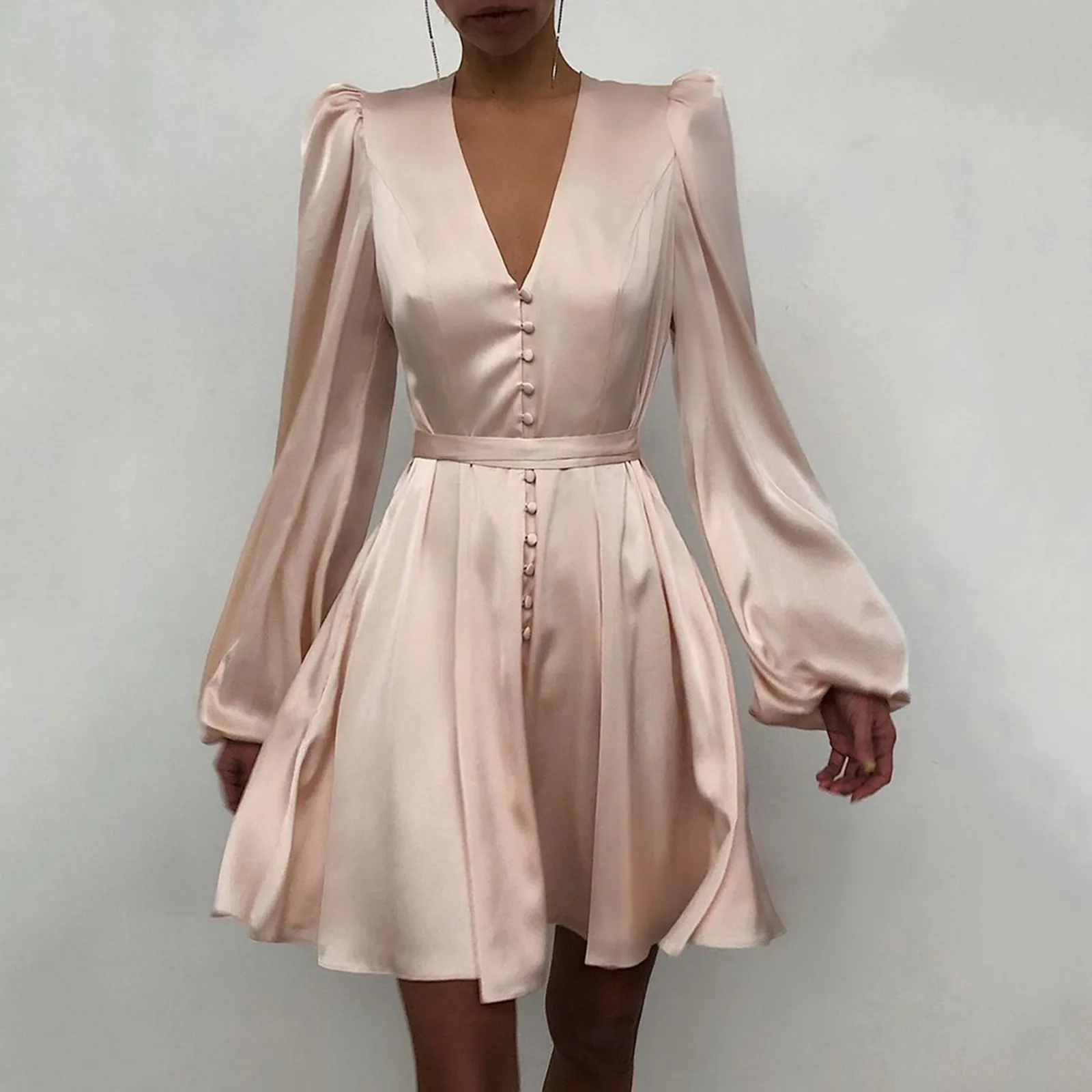 

Autumn Fashion 2022 Elegant Women Party Satin Dress Elegant Solid Long Sleeve Dress Puff Sleeve Ruffled Button A-Line Party Robe