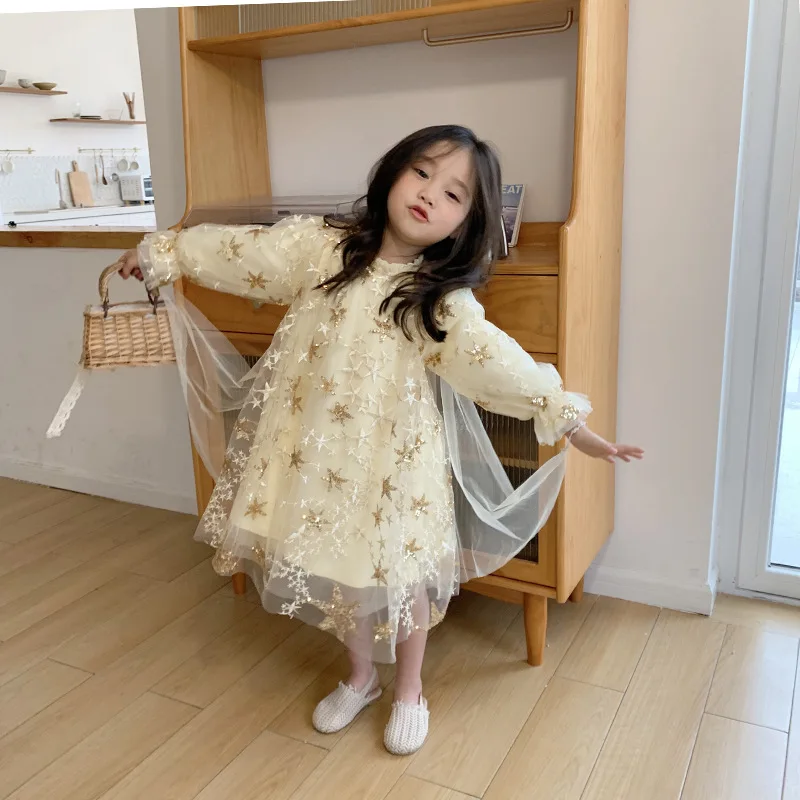 Spring fashion girls five-pointed star embroidery paillette princess dress 2020 kids mesh party dresses | Детская одежда и обувь