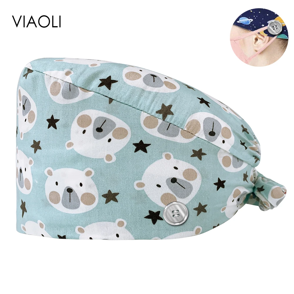

Adjustable Cotton Animal Printed Hospital Medical Scrubs Caps Nurse Accessories Elastic Multicolor Surgical Work Hat Dentist Cap