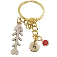 fish bone initial letter birthstone keychains keyring gold fashion jewelry women gifts christmas accessories pendants