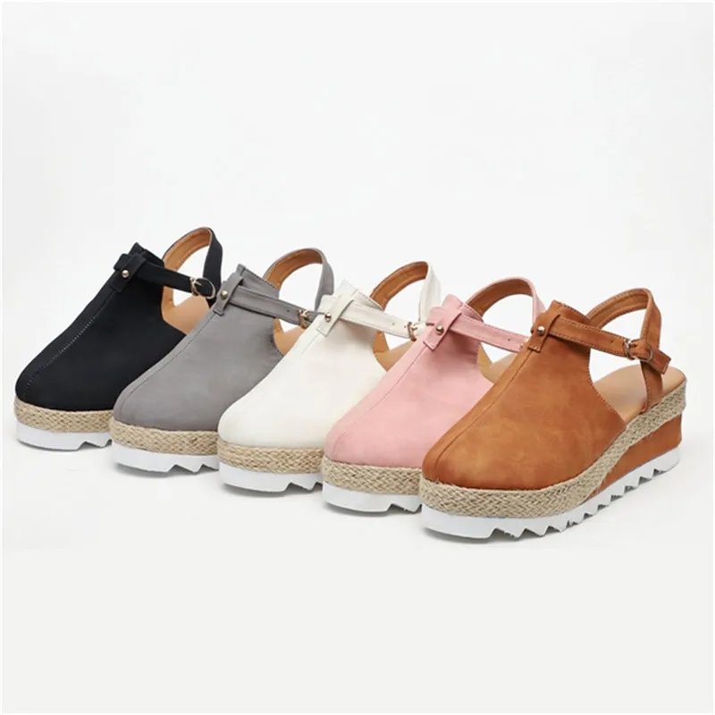 

WEALTHY Summer Women Sandals Vintage Wedge Buckle Strap Straw Thick Bottom Flats Female Flock Platform Sandals Shoes Plus Size