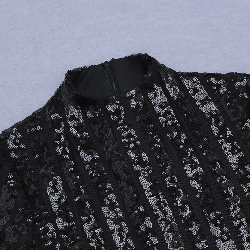 

PB Chic Black Midi Dress Striped Sequins Design Long Sleeves Stand Collar Celebrity Party Club Vestido Free Shipping