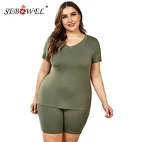 sebowel women large size pajamas sets casual short sleeve v neck t shirt and shorts loungewear plus size two pieces suits xl 5xl