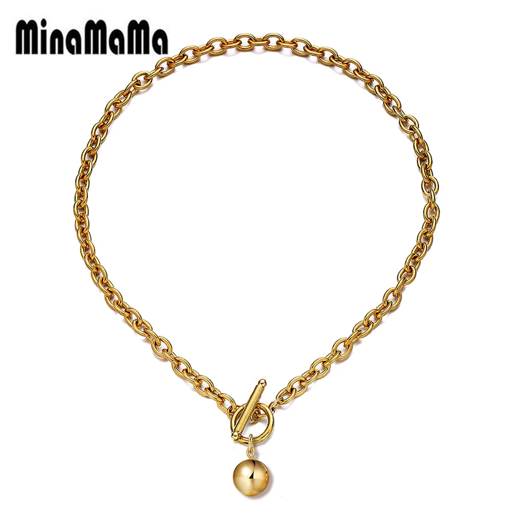 

New Style Stainless Steel Link Chain Ball Pendant Necklace For Woman Men OT Clasp Toggle Choker Jewelry