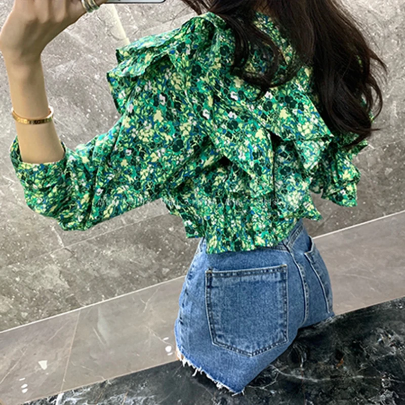 Блузка женская с цветочным принтом винтажная зеленая рубашка оборками корейский