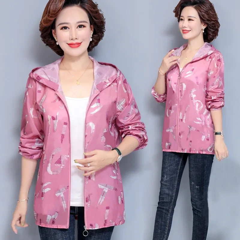 

Fashion Women's Jacket New Summer Large Size 5XL Printing Thin Coat Sun Protection Clothing Women Hooded Zipper Coat Mother Tops