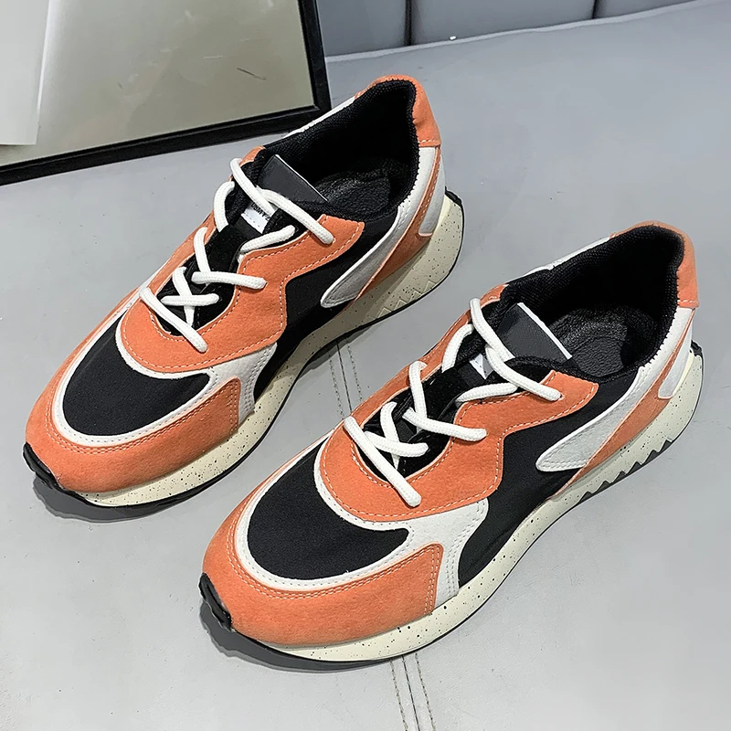 

New Platform Shoes Women Round Toe Lace Up Black Running Shoes Woman Casual Splicing Cow Suede Orange Travel Sneaker Female