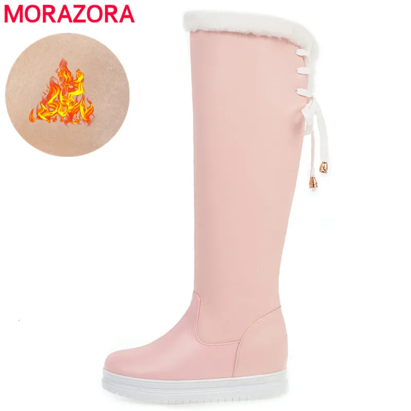 Женские теплые сапоги на шнуровке MORAZORA черные однотонные до колена платформе