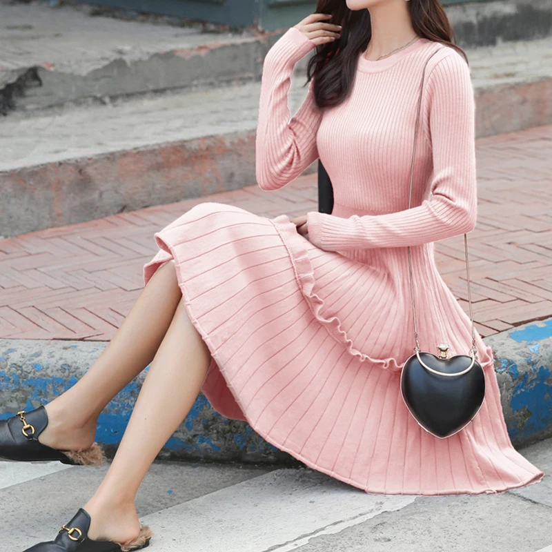 RealShe Winter Sweater Women O-Neck Full Sleeve Ruffles Solid Knitted Dress Mini Female Autumn Pullover | Женская одежда