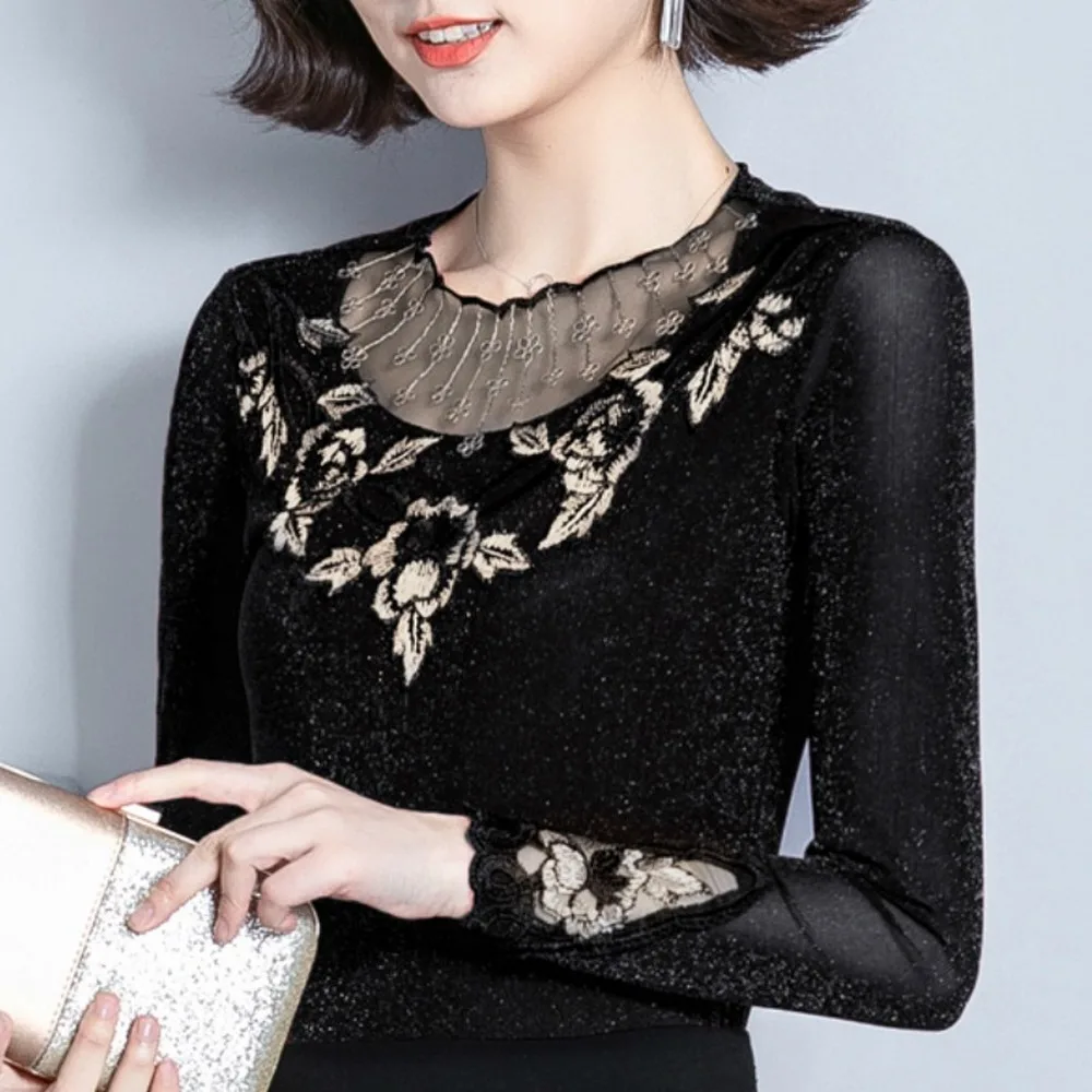 Модные блузки женские рубашки с длинным рукавом сексуальные кружевные топы