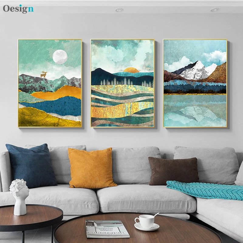 

Abstract Mountain Lake Sunrise Canvas Painting Sunset Landscape Poster Print Nordic Wall Art Picture For Living Room Decoration