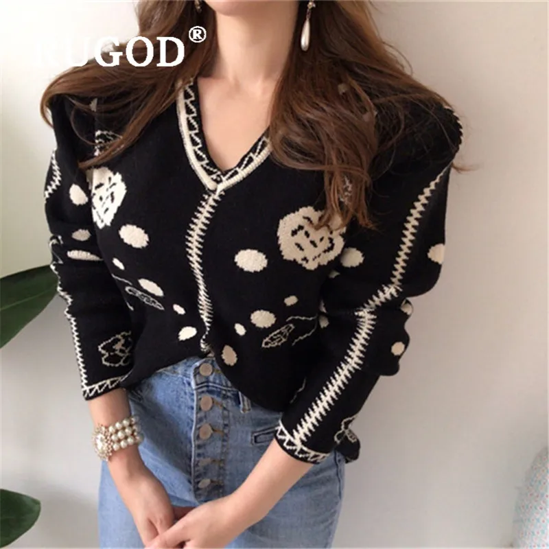 RUGOD 2019 Новая Осенняя черная свитер пуловер для женщин с v-образным вырезом узор в