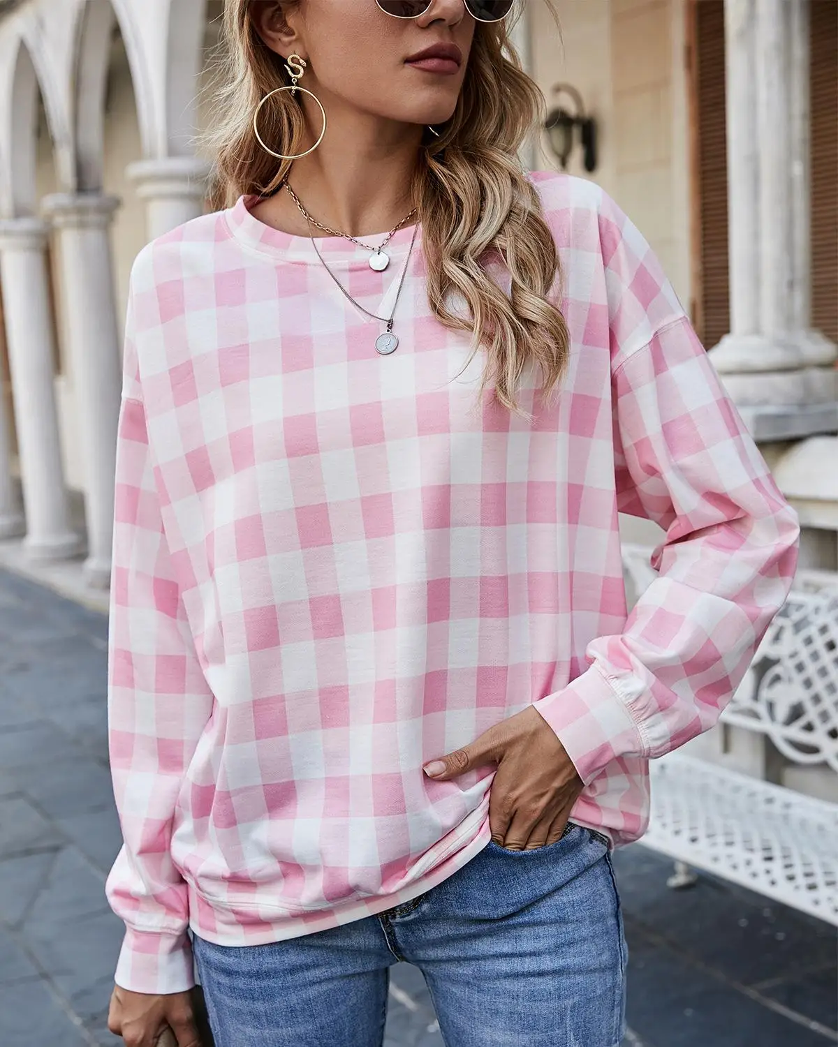 

2020 женская футболка, новейшая осень-зима, свободная, модная, повседневная, с круглым вырезом, в клетку