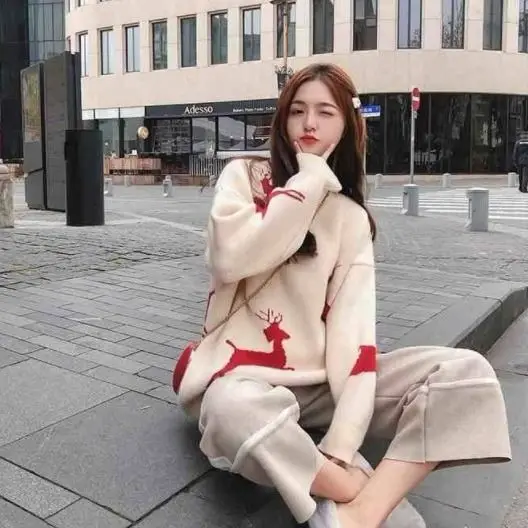 

Thickened sweater women's autumn and winter 2020 new fashion loose Korean lazy wind big red Christmas Preppy Style
