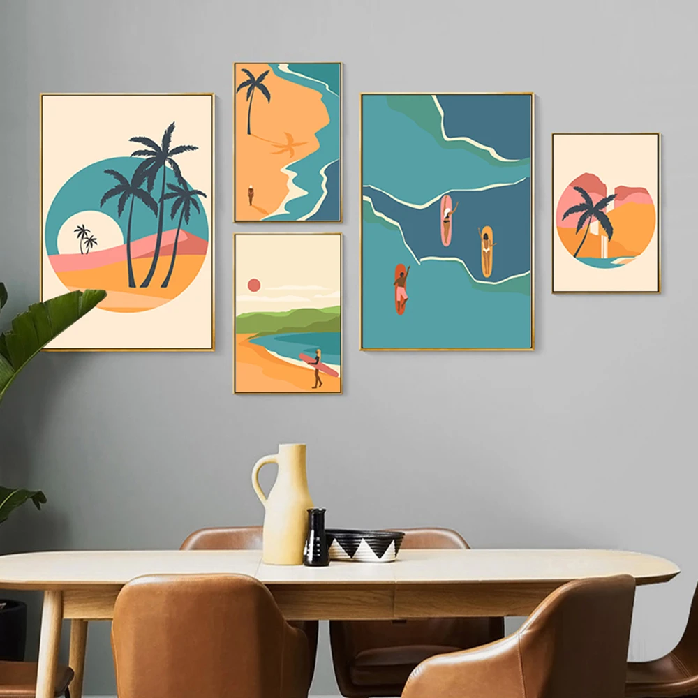 

Summer Beach Surfing Wall Art Cartoon Man and Woman Posters and Prints Tropical Landscape Canvas Painting Home Decor Pictures