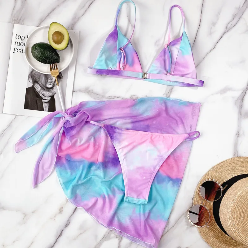 

Summer Bikinis 2021 Sexy Push Up Thong Cover Ups Three Pieces Set Tie Dye Bright Swimsuit Beach Bathing Suit Swimwear