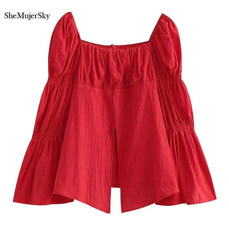 

SheMujerSky, женские красные блузки с рукавами-фонариками, топы из хлопка с квадратным вырезом и разрезом, осенние Рубашки 2021, блузы