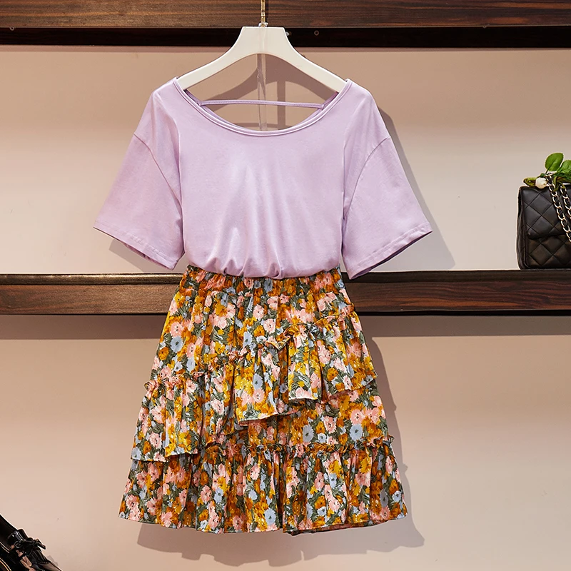 

L-4XL Plus Size Summer Two Piece Set Casual O-Neck Tshirt Top + Ruffles Floral Print Skirt Elastic Waist Fashion Set 2 Piece Set