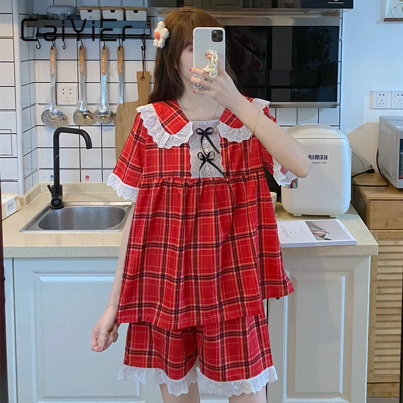CAIYIER Summer Red Grid Pajamas Set Women Sweet Lace Short Sleeve Sleepwear Korean Gentle Girl Shorts Leisure Nightwear Homewear