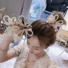 Elegante grande arco elástico faixas de cabelo tecido scrunchies cristal borboleta meninas jóias strass headbands para mulher (3)