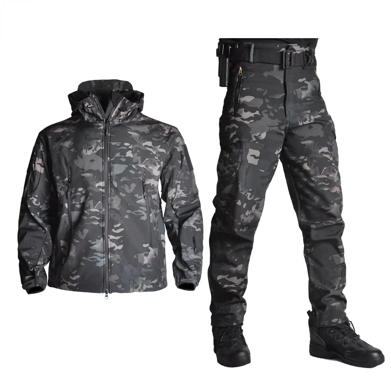 

5XL Tactical Jackets + Pants Men Fleece Jacket Army Windproof Camo Hunting Suit Windbreakers Military Hiking Soft Shell Clothing