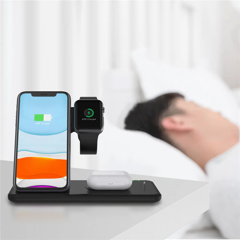 Беспроводная зарядная док станция Qi 15 Вт для iPhone 11 XS XR X 4 в 1 Apple Watch 6 5 Airpods