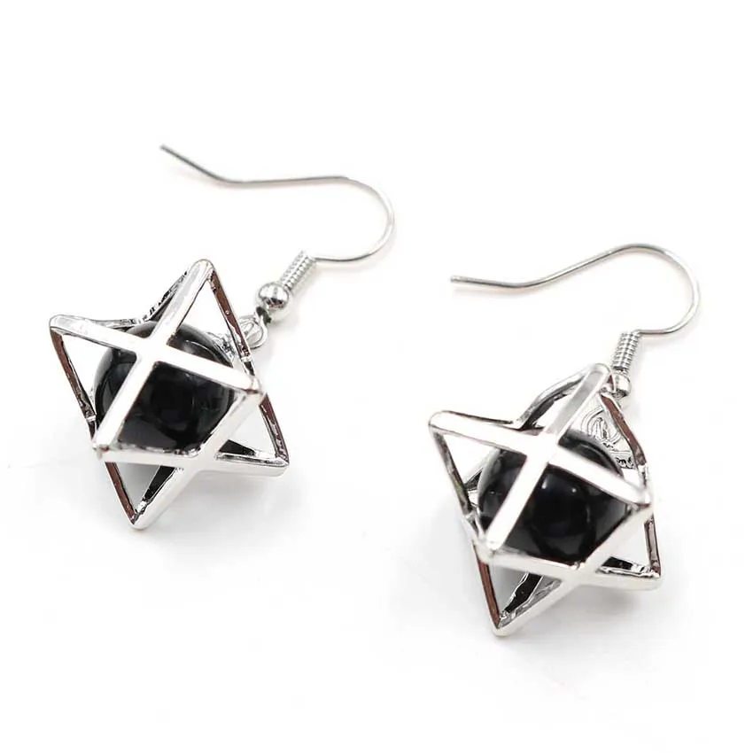 FYJS Unique Jewelry Silver Plated Merkaba Star Point Black Agates Round Beads Dangle Earrings | Украшения и аксессуары