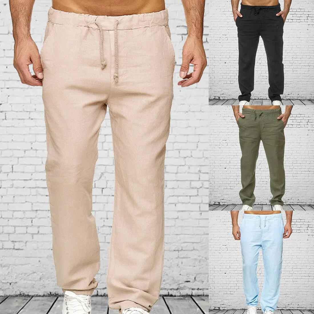 

2020 Summer Mens Cotton Linen Trousers Summer Pants 3XL Casual Male Solid Elastic Waist Straight Loose Pants Plus Size