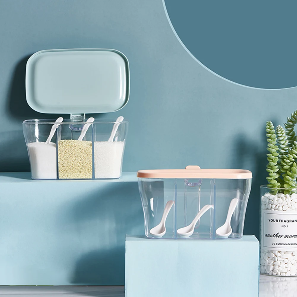 

Seasoning Rack Spice Pots For Salt Sugar MSG 3 Grid Seasoning Box Storage Container Jars With Spoon New Hot Selling