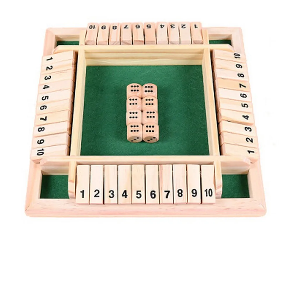 

Big Sale Shut The Box Dice Board Game 4 Sided 10 Number Wooden Flaps & Dices Game Set for 4 People Pub Bar Party Supplies
