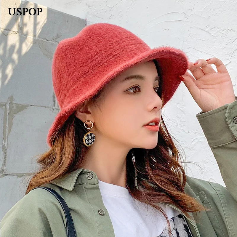 USPOP новые модные женские шапки-ведерки, одноцветные теплые шапки, женские зимние шапки-ведерки