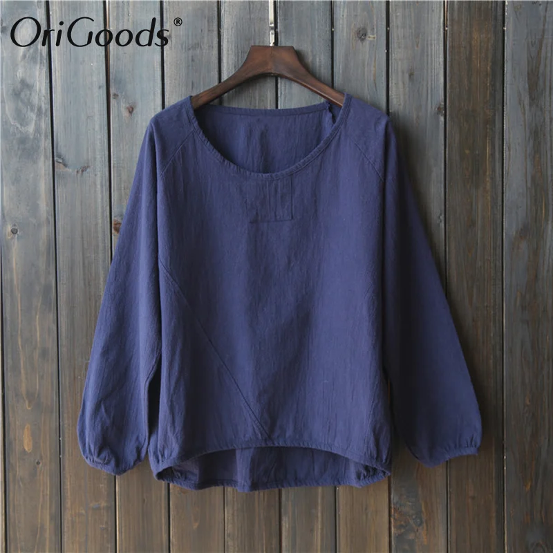 Женская хлопковая льняная блузка с круглым вырезом и длинным рукавом|blusas plus|women