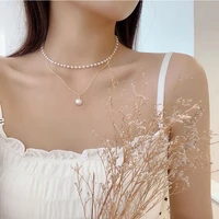 titanium steel chic net red retro ins simple double layer pearl necklace female clavicle chain short necklace all match jewelry