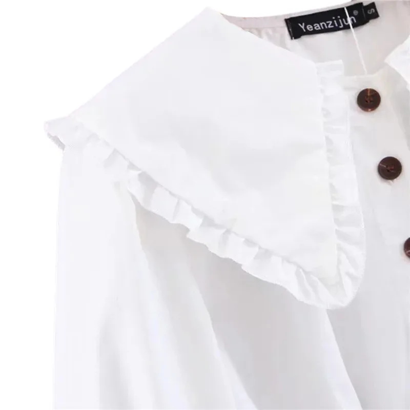 

Fashion Womens Elegant Shirts Solid Color Shirt Puff Sleeve Doll Lapel Temperament Single-breasted Shirt OL Clothes