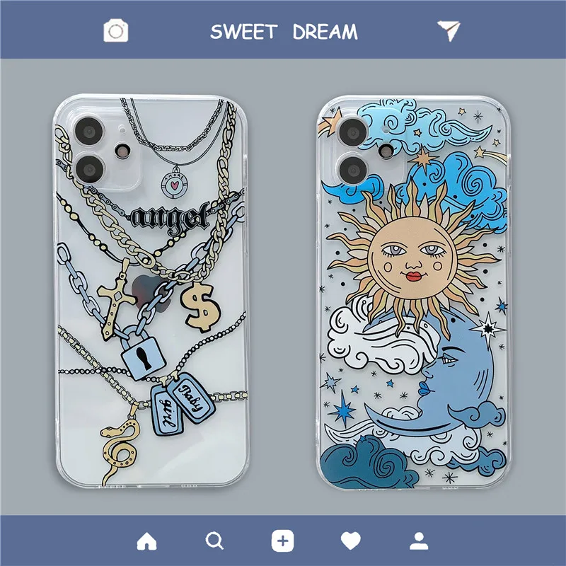 

American INS Style Drawing Sun Hip Hop Necklace Phone Case for IPhone 12 11 Pro Max XS XR X 8 7 Plus SE Soft Anti-fall Cover