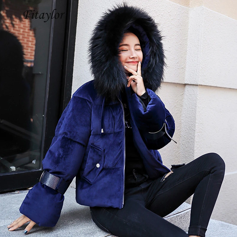 Fitaylor/Новинка женская зимняя куртка с капюшоном и меховым воротником на хлопковой